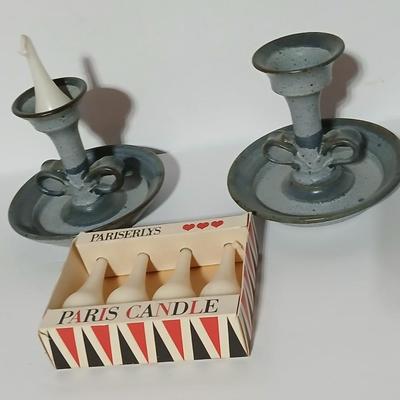 Two signed pottery Candle holders with vintage Pariserlys Paris candles