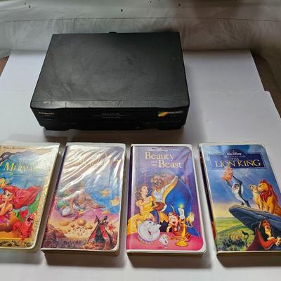Panasonic Video Cassette Recorder VHS player VCR with an assortment of collectible Disney tapes