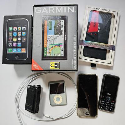 Assortment of small electronics - Garmin - Apple phones - Lg phone - Pager - Ipod and more