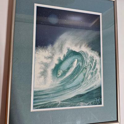 Framed Fish artwork and a collection of seashells and coral and more