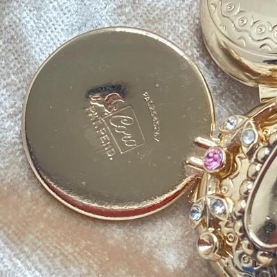 LOT 311: Vintage Jewelry - Larex Swiss Wind-up Necklace Watch, Coro Locket Brooch / Pin and Earrings