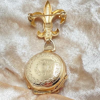 LOT 311: Vintage Jewelry - Larex Swiss Wind-up Necklace Watch, Coro Locket Brooch / Pin and Earrings