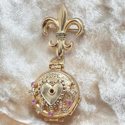 LOT 311: Vintage Jewelry - Larex Swiss Wind-up Necklace Watch, Coro Locket Brooch / Pin and Earrings