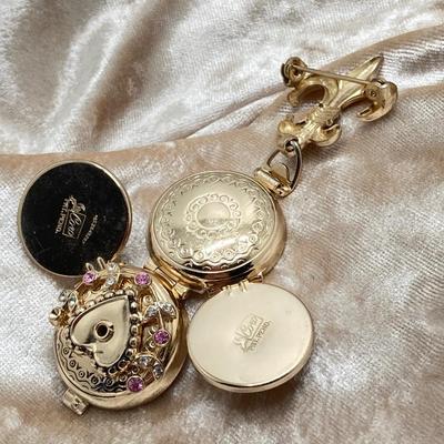 LOT 311: Vintage Jewelry - Larex Swiss Wind-up Necklace Watch, Coro Locket Brooch / Pin and Earrings