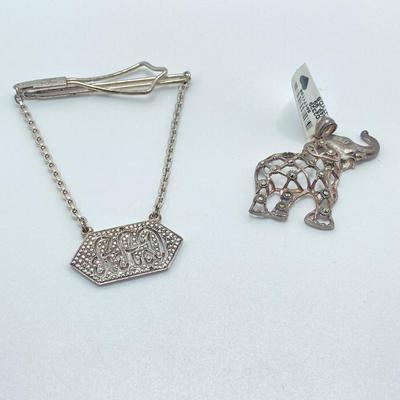 LOT 312: Sterling Silver and Marcasite Jewelry - Elephant Pendant Tw 6.71g and Manleigh Monogrammed Tie Clip