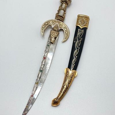 LOT 317: Vintage Spain Jeweled Dagger / Letter Opener with Sheath and Two Pair of Germany Decorative Scissors