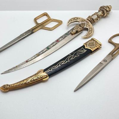 LOT 317: Vintage Spain Jeweled Dagger / Letter Opener with Sheath and Two Pair of Germany Decorative Scissors