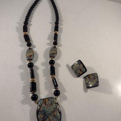 Chunky Black Lacquer Necklace and Earring Set
