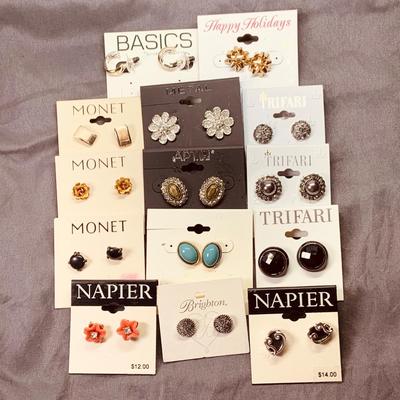 Lot 299J: Collection of Post Pierced Earrings by Trifari, Monet, Napier and More 14 Pairs All on Original Backings