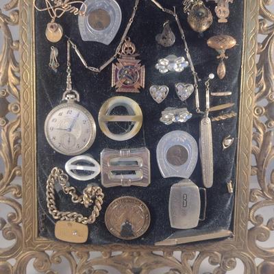 Vintage Metal Picture/Mirror Frame with Collection of Mementos and Keepsakes