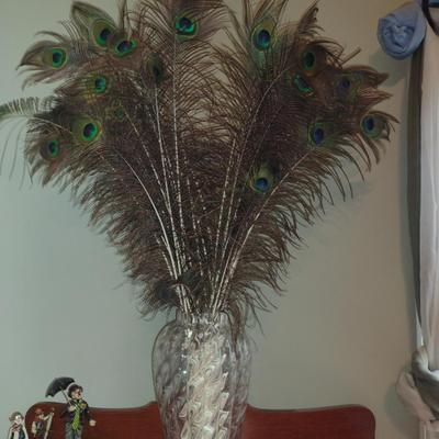 Glass Vase with Collection of Ostrich Feathers