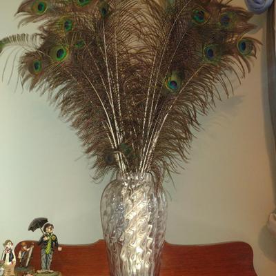 Glass Vase with Collection of Ostrich Feathers