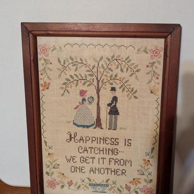 Happiness Is Catching Courting Couple Vintage Framed Cross Stitch 14 3/4" x 20"