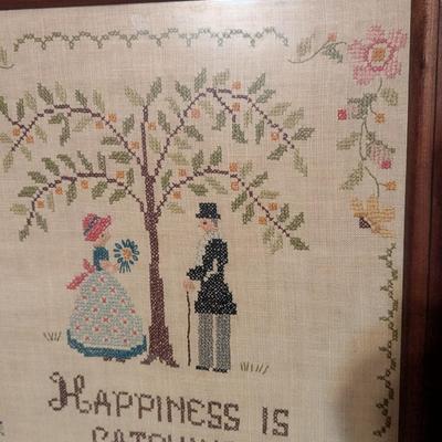 Happiness Is Catching Courting Couple Vintage Framed Cross Stitch 14 3/4" x 20"