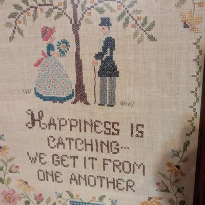 Happiness Is Catching Courting Couple Vintage Framed Cross Stitch 14 3/4" x 20"