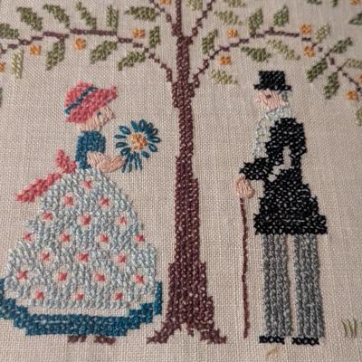 Happiness Is Catching Courting Couple Vintage Framed Cross Stitch 14 3/4" x 20"
