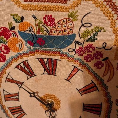 Vintage Battery Operated Mantle Clock Cross Stitch Face Shadow Box Fruit Sampler