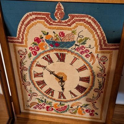 Vintage Battery Operated Mantle Clock Cross Stitch Face Shadow Box Fruit Sampler