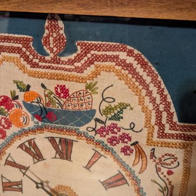 Vintage Battery Operated Mantle Clock Cross Stitch Face Shadow Box Fruit Sampler