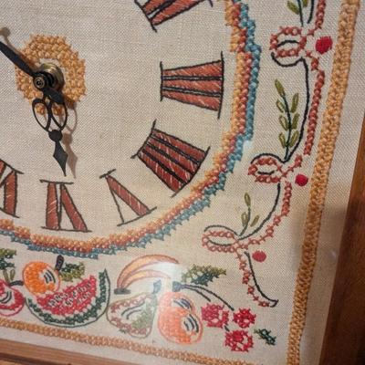 Vintage Battery Operated Mantle Clock Cross Stitch Face Shadow Box Fruit Sampler