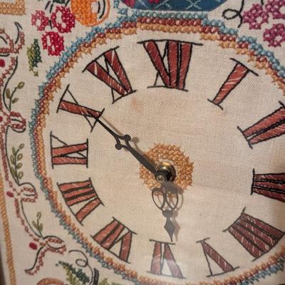 Vintage Battery Operated Mantle Clock Cross Stitch Face Shadow Box Fruit Sampler