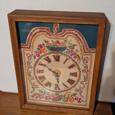 Vintage Battery Operated Mantle Clock Cross Stitch Face Shadow Box Fruit Sampler