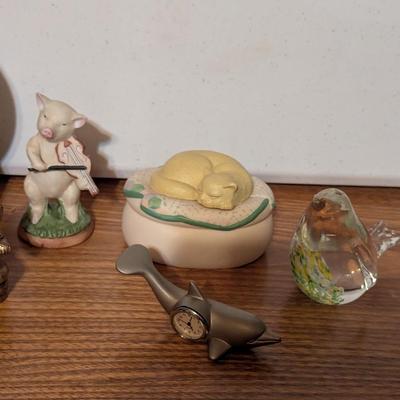 Glass Bird Paperweight Brass Ganesha Statue Porcelain Pig Dolphin Mini Clock