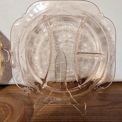 Pink Depression Glass Gold Gild Platter 4 Sectional Platter 6 Dessert Plates