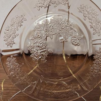 Pink Depression Glass Gold Gild Platter 4 Sectional Platter 6 Dessert Plates