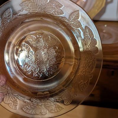 Pink Depression Glass Gold Gild Platter 4 Sectional Platter 6 Dessert Plates
