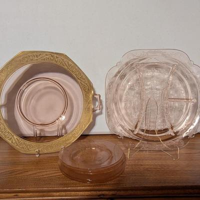 Pink Depression Glass Gold Gild Platter 4 Sectional Platter 6 Dessert Plates