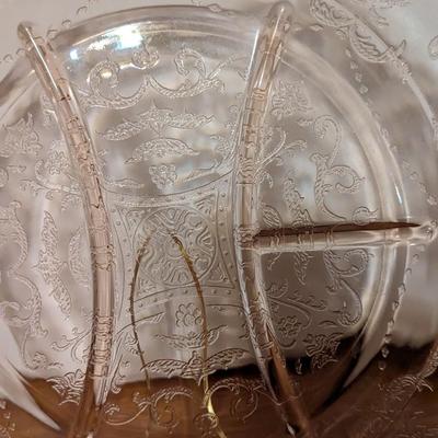 Pink Depression Glass Gold Gild Platter 4 Sectional Platter 6 Dessert Plates