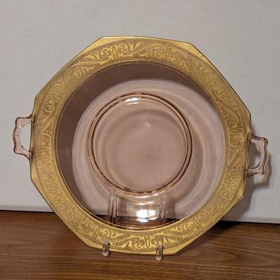 Pink Depression Glass Gold Gild Platter 4 Sectional Platter 6 Dessert Plates