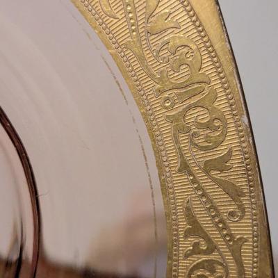 Pink Depression Glass Gold Gild Platter 4 Sectional Platter 6 Dessert Plates