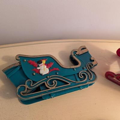 Vintage Holiday Decorations Folding Sleighs Plastic Boots Lot 1