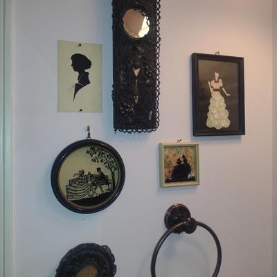 Collection of Small Wall Decor- Mirror, Silhouettes, Fabric Art