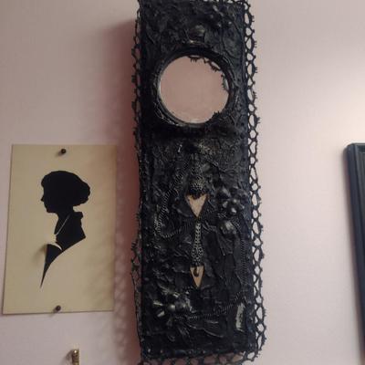 Collection of Small Wall Decor- Mirror, Silhouettes, Fabric Art