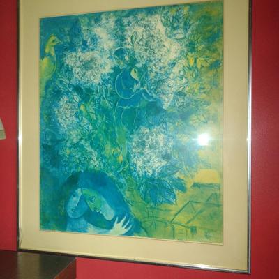 'Evening Mood' by Marc Chagall Print- Framed Under Glass- Approx 29" x 25" (K)