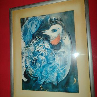 'Les Plumes in Fleurs' by Marc Chagall Print- Framed Under Glass- Approx 25 1/2" x 31 1/2" (K)