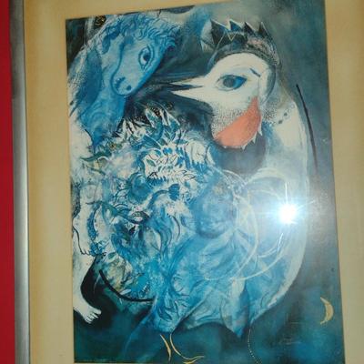 'Les Plumes in Fleurs' by Marc Chagall Print- Framed Under Glass- Approx 25 1/2" x 31 1/2" (K)