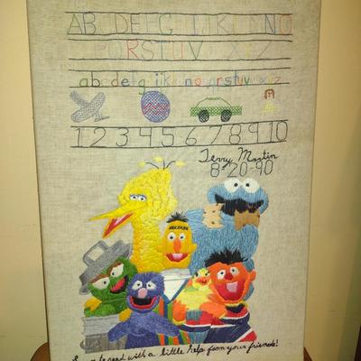 Vintage Hand Crafted Needlework- Sesame Street Design- Approx 15" x 22" (K)