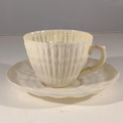 Belleek Irish Fine Pottery Cup and Saucer- Ribbed Design (K)