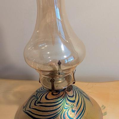 Hand Painted Yellow/Blue Art Glass Oil Lamp