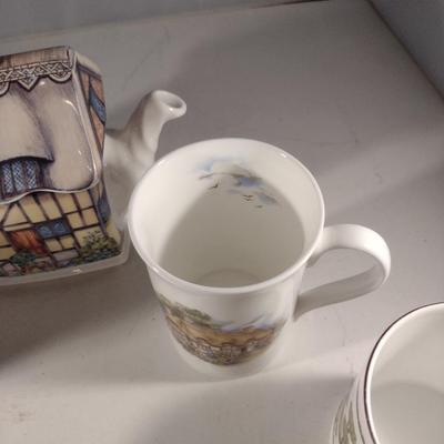 Collection of Porcelain Kitchen Ware- Teapot, Cups, and Creamer (#30) (K)