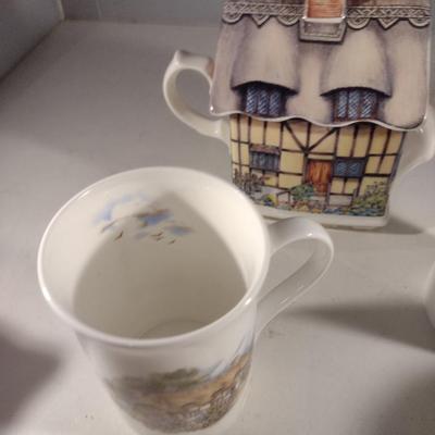 Collection of Porcelain Kitchen Ware- Teapot, Cups, and Creamer (#30) (K)