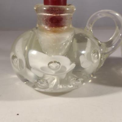 Pair of Joe St. Clair Art Glass with Controlled Bubble Candlestick Holders- White Flowers (#23) (K)