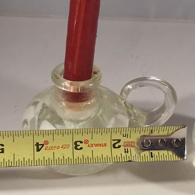 Pair of Joe St. Clair Art Glass with Controlled Bubble Candlestick Holders- White Flowers (#23) (K)
