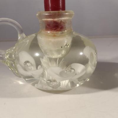 Pair of Joe St. Clair Art Glass with Controlled Bubble Candlestick Holders- White Flowers (#23) (K)