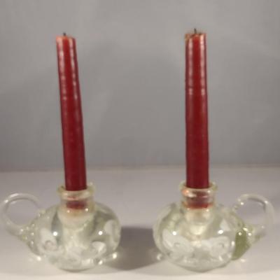 Pair of Joe St. Clair Art Glass with Controlled Bubble Candlestick Holders- White Flowers (#23) (K)