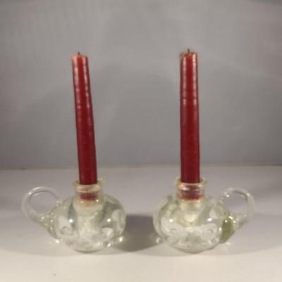 Pair of Joe St. Clair Art Glass with Controlled Bubble Candlestick Holders- White Flowers (#23) (K)